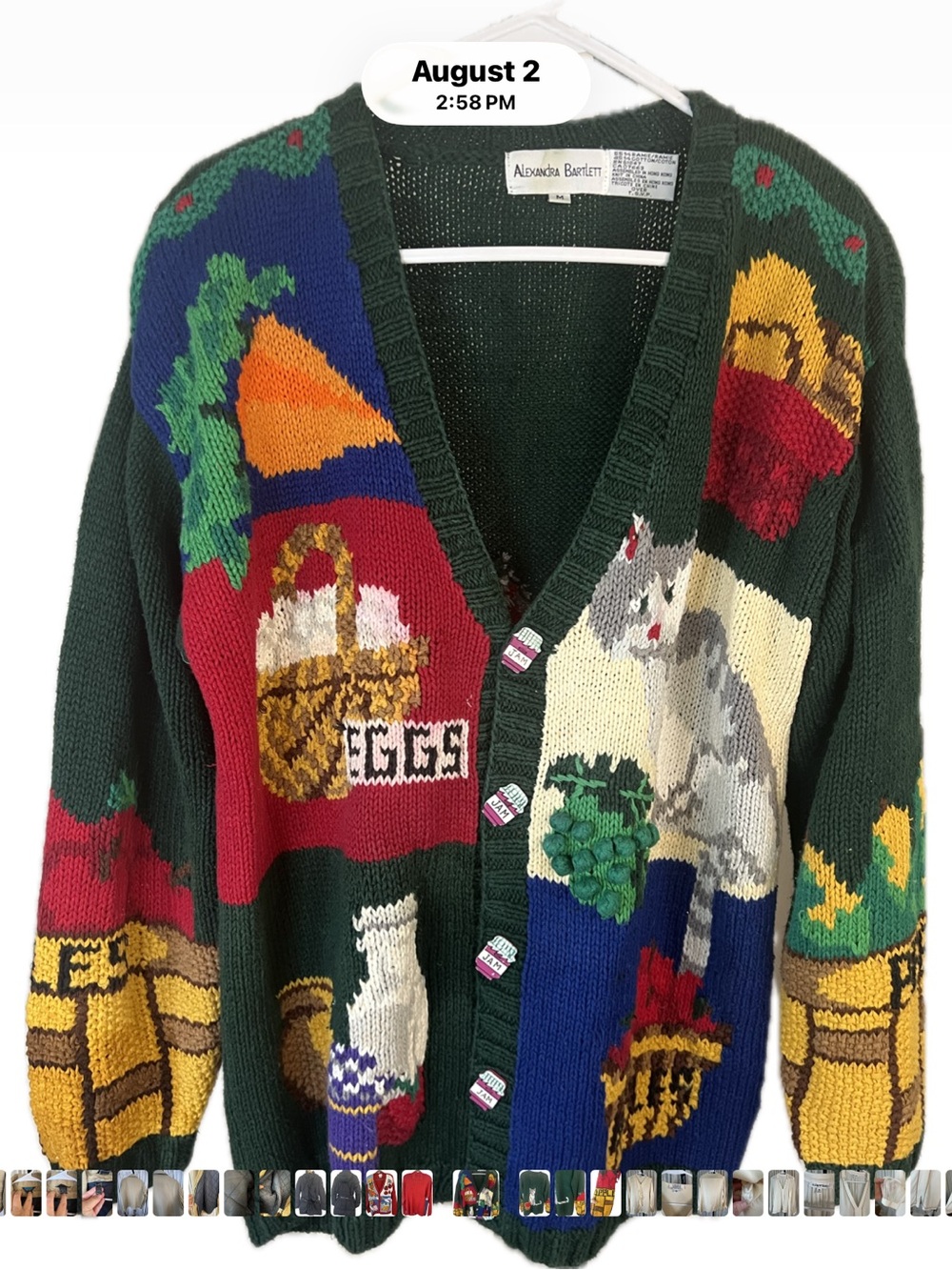 Alexandra Bartlett cat/food cardigan & hand knit farm scene vest